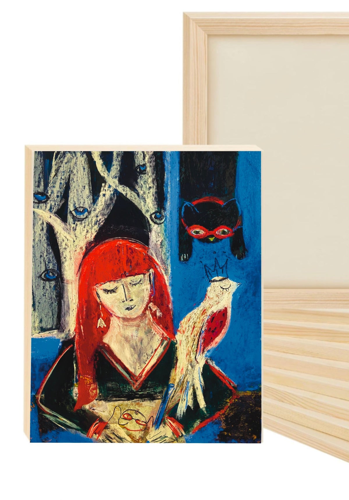 Night Time Art: Red-Haired Girl with a Cat and a Bird, Pastel Art Print on Board