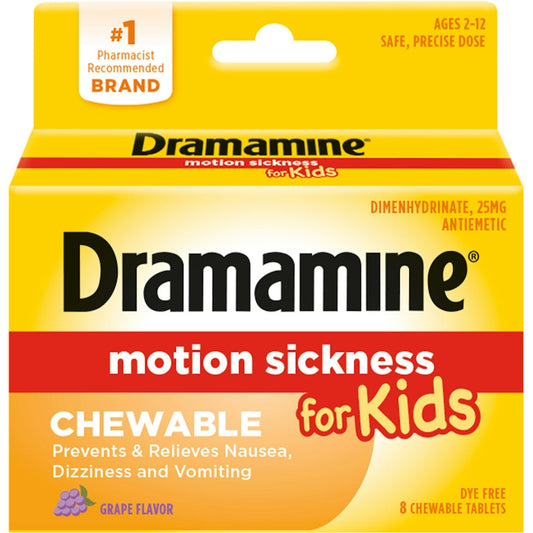 Dramamine Kids Chewable Motion Sickness Relief Tablets For Nausea, Dizziness & Vomiting - Grape - 8ct