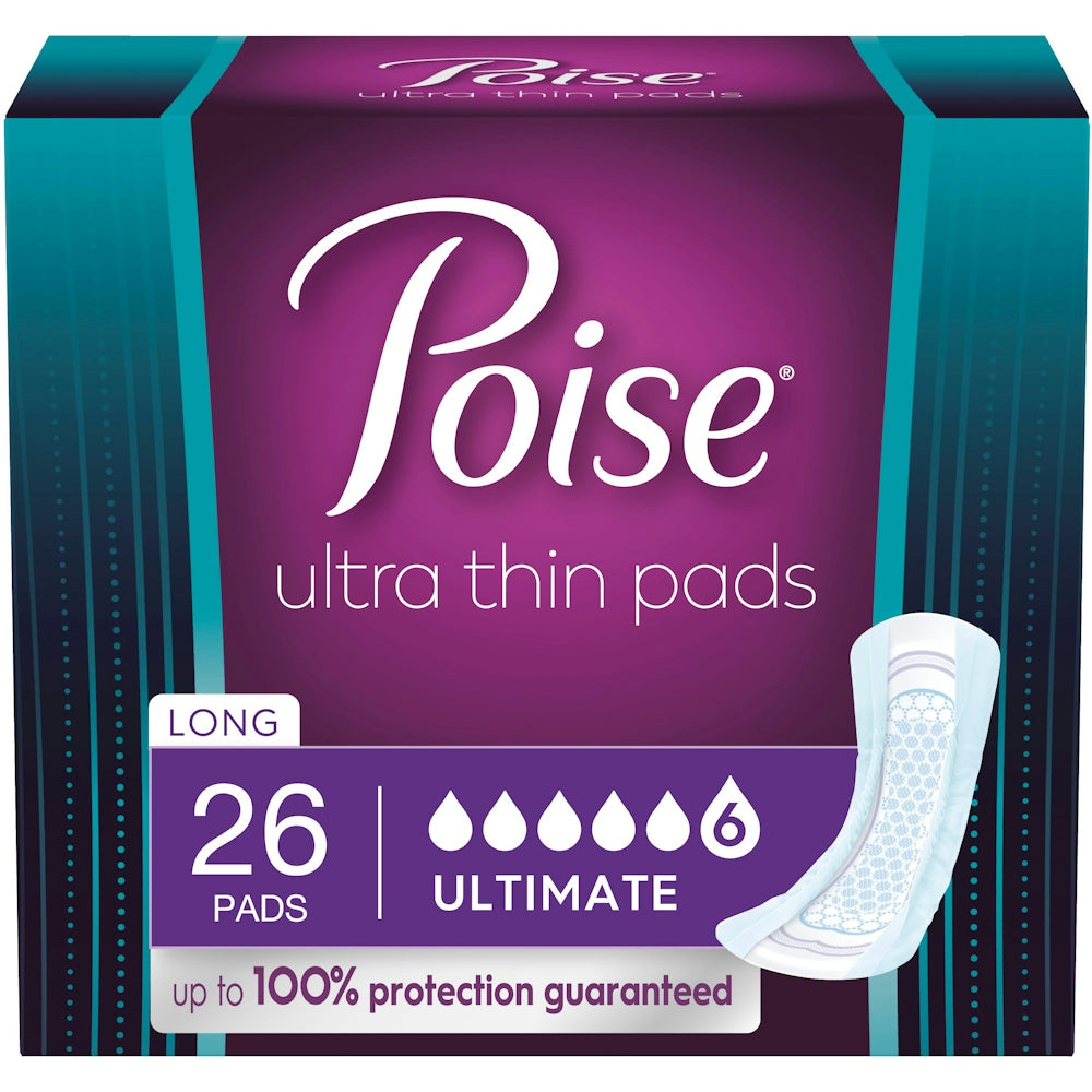 Poise Ultra Thin Incontinence Pads, 6 Drop Ultimate Absorbency, Long Length