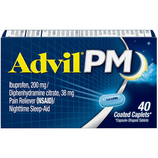 Advil PM 40 Count) Pain Reliever / Nighttime Sleep Aid Coated Caplet, 200mg Ibuprofen, 38mg Diphenhydramine