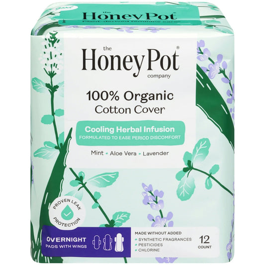 The Honey Pot Company 100% Organic Cotton Cover Cooling Herbal Infusion Overnight Pads With Wings