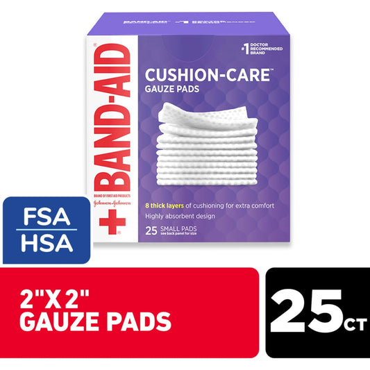 Band-Aid Brand Cushion Care Non-Stick Gauze Pads, Individually-Wrapped, Small, White, 2 X 2 In, 25 Count