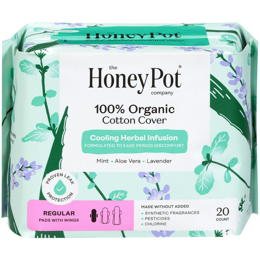 The Honey Pot Company 100% Organic Cotton Cover Cooling Herbal Infusion Regular Pads With Wings