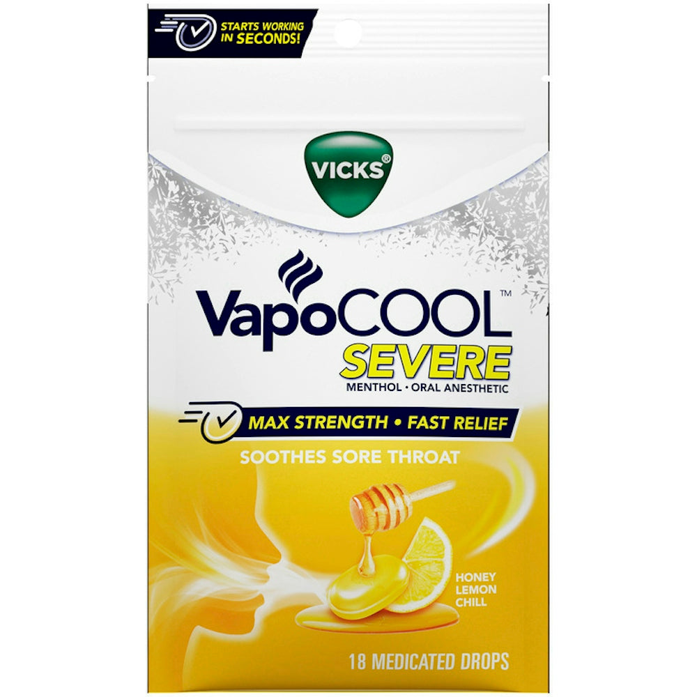 Vicks VapoCool, Soothes Sore Throat, Max Strength, Severe, Honey Lemon Chill, Medicated Drops