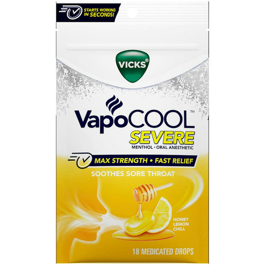 Vicks VapoCool, Soothes Sore Throat, Max Strength, Severe, Honey Lemon Chill, Medicated Drops