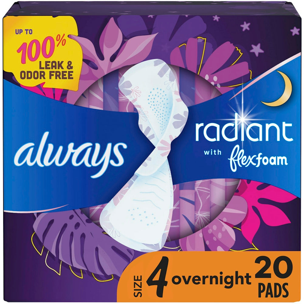 Always Radiant Pads, Flexi Wings, Overnight, Size 4, Light, Clean Scent