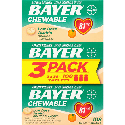 Bayer Aspirin, Low Dose, 81 Mg, Chewable Tablets, Orange Flavored, Value Pack,108ea