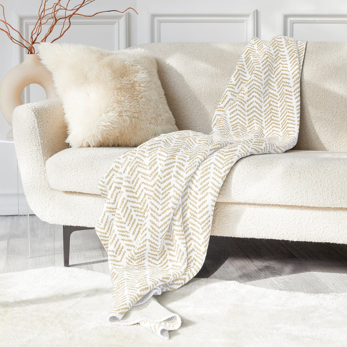 Cancer Awareness - Cotton Sustainable Knit Warrior Throw Blanket Beige