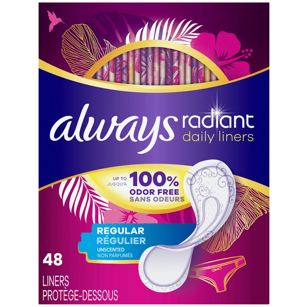 Always Radiant Daily Liners Light Absorbency, Regular Unscented, 48ct