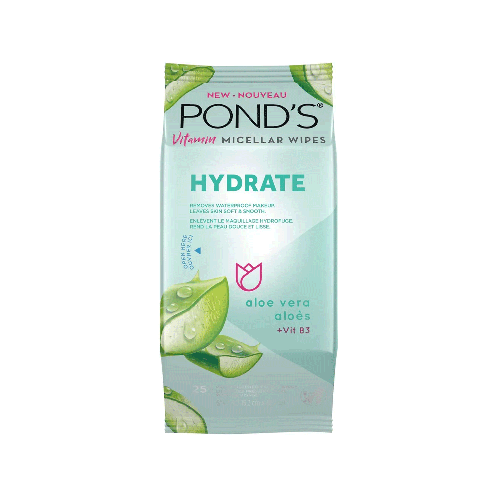 Pond's Vitamin Micellar Hydrate Facial Wipes Vit B3 Aloe Vera 25ct