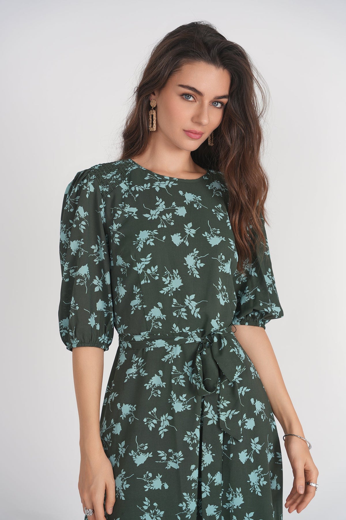Smocked Shoulder Dress- Light Blue Florals on Green