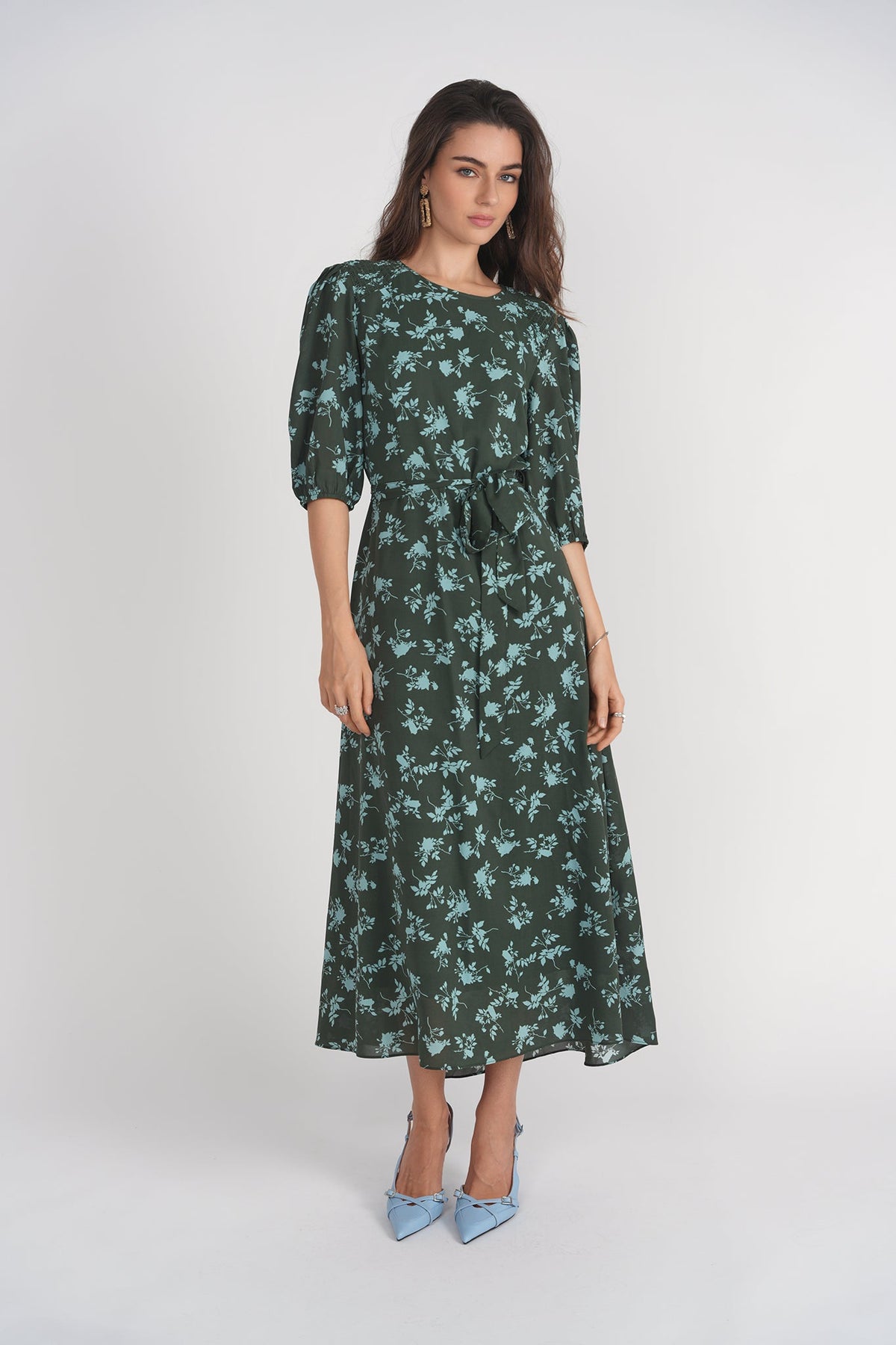 Smocked Shoulder Dress- Light Blue Florals on Green