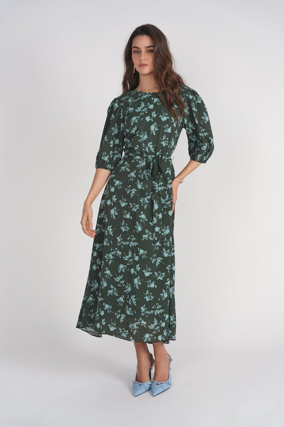 Smocked Shoulder Dress- Light Blue Florals on Green