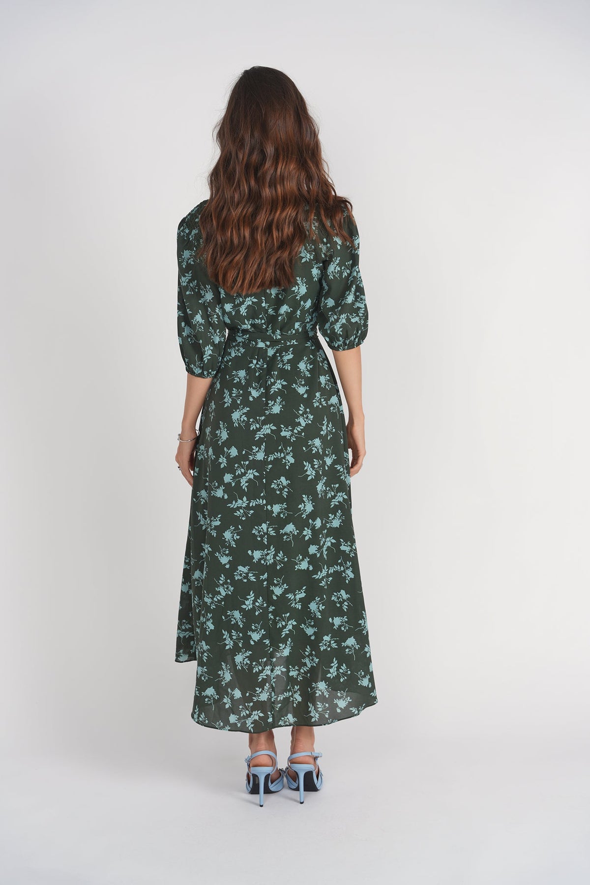 Smocked Shoulder Dress- Light Blue Florals on Green