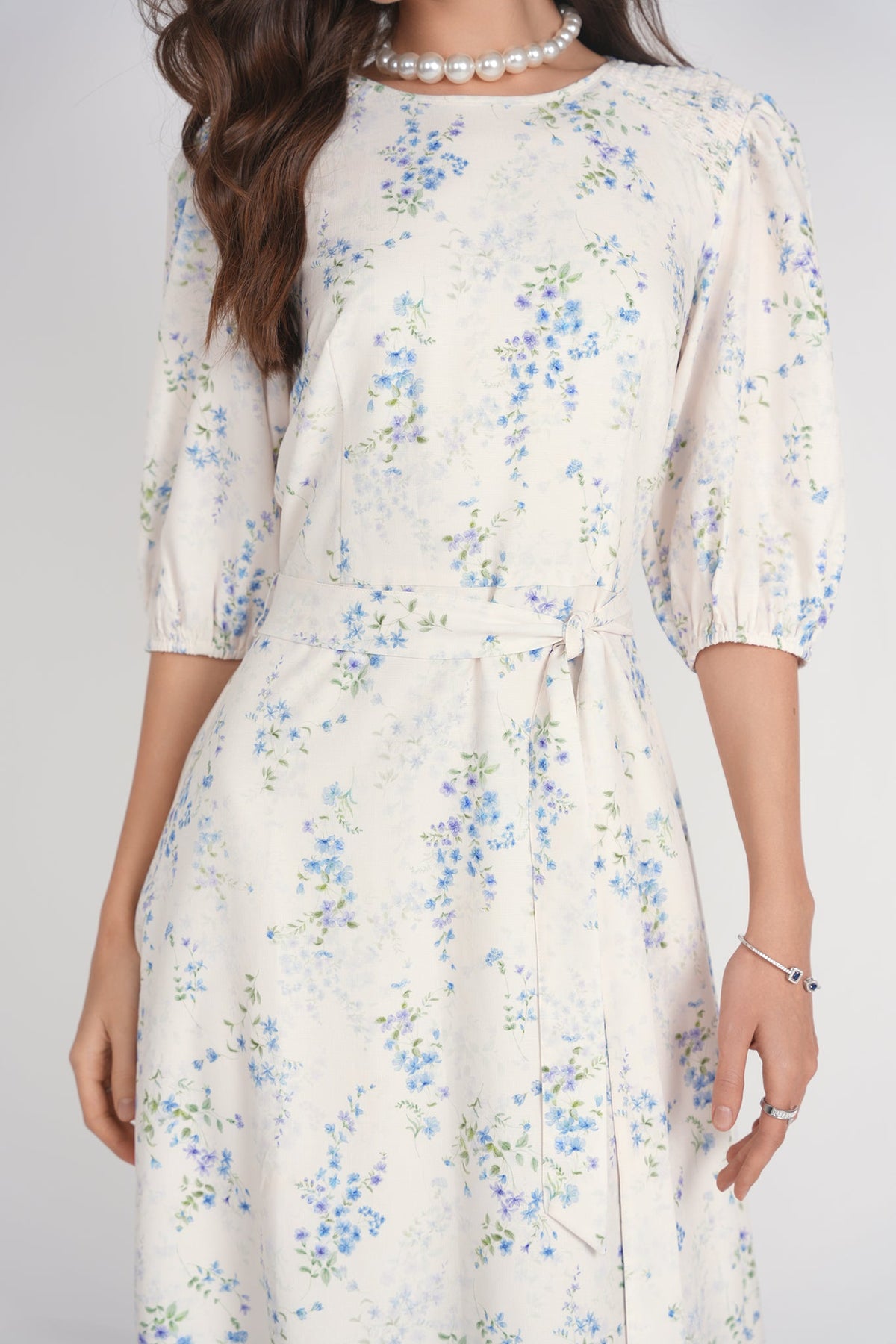 Smocked Shoulder Dress- White Floral