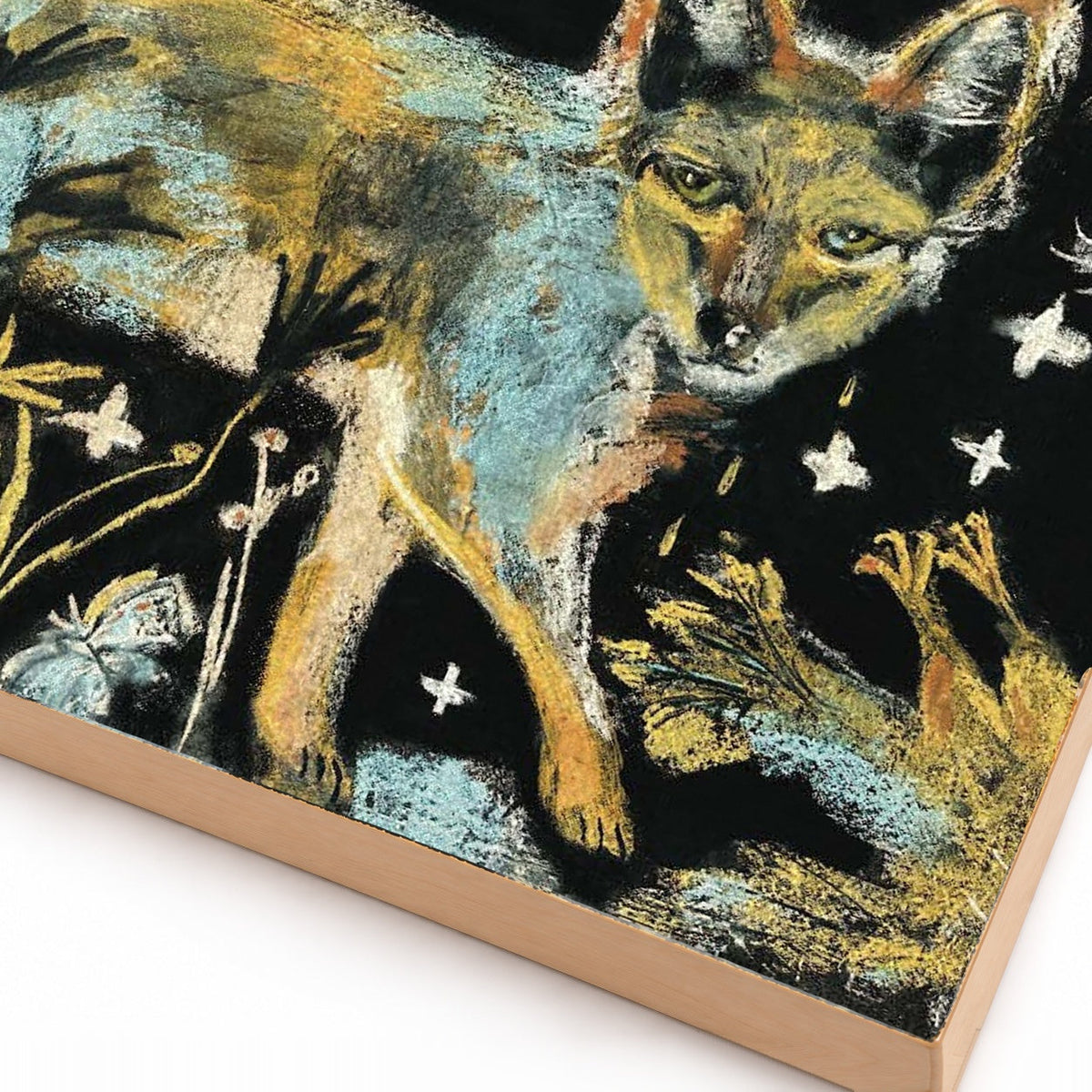 Nighttime Coyote and Chicken Folk Art Print on Board, Whimsical Wildlife Wall Art