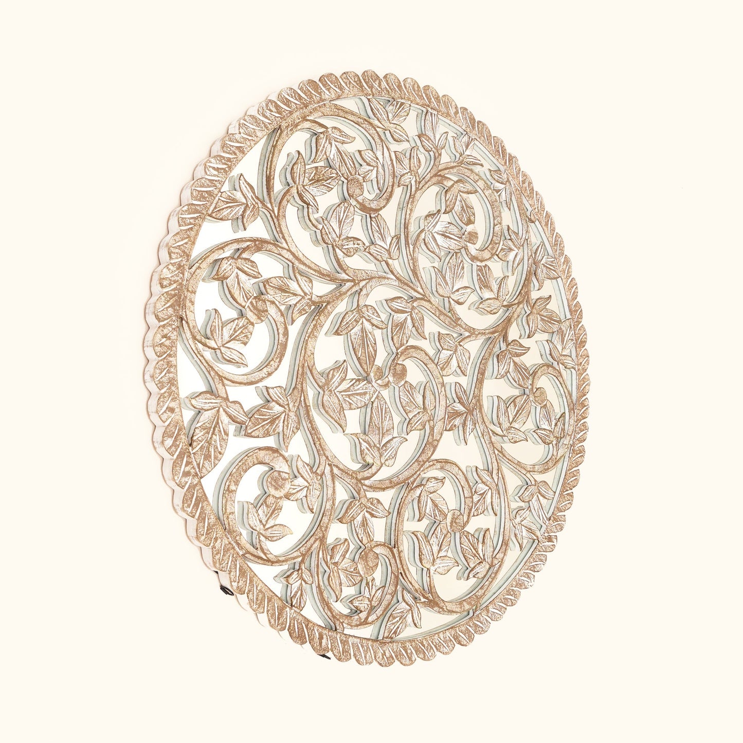 Wall Art | Round Wood Handcarved Wall Panel with Mirror, 36"