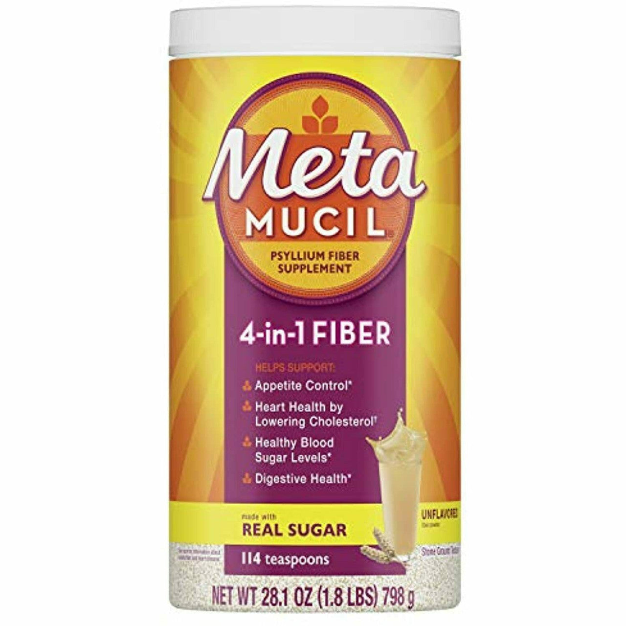 Metamucil Daily Psyllium Husk Powder Supplement With Real Sugar, 4-in-1 Fiber Unflavored