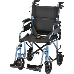 Nova Lightweight Transport Chair With Locking Hand Brakes, Flip Up Desk Arms And Anti-tippers Blue