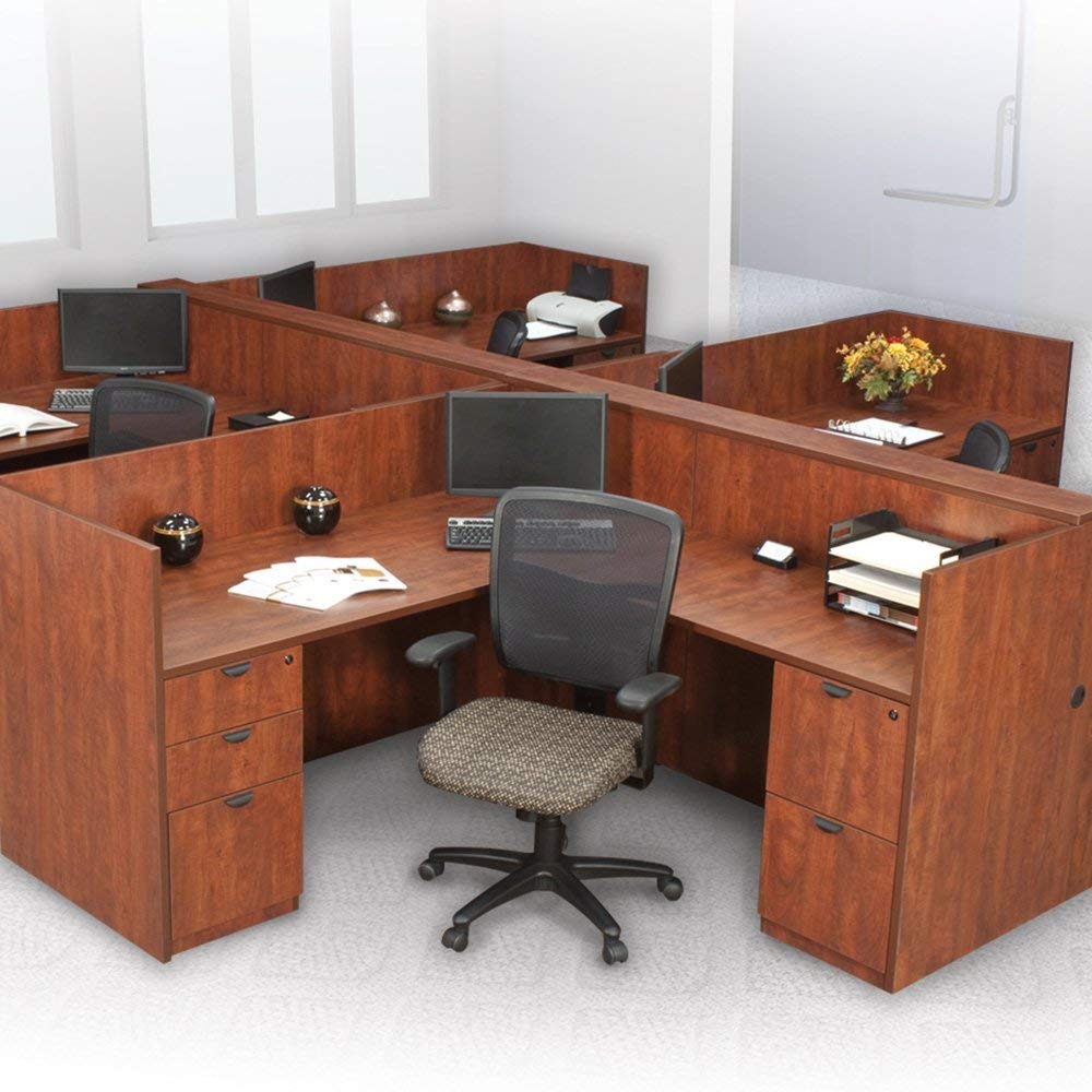 Office Pope Workstation Cubicle Desk, L-Shaped Systems Furniture, Wooden Panels, Modular Station (1 Person Workstation W 0 File Cabinets, Mahogany)