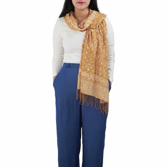 Handmade Batik Scarf, Soft Cotton, Frangipani, Kamboja, Yellow, Brown, Cream, Fall, Autumn - Osadia Concept Store