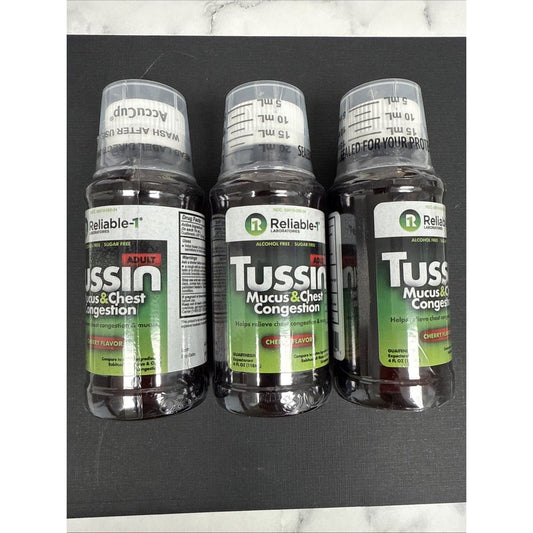 3 Pk Reliable-1 Tussin Mucus Chest Congestion 100mg Liquid Cherry 4oz Exp: 01/27