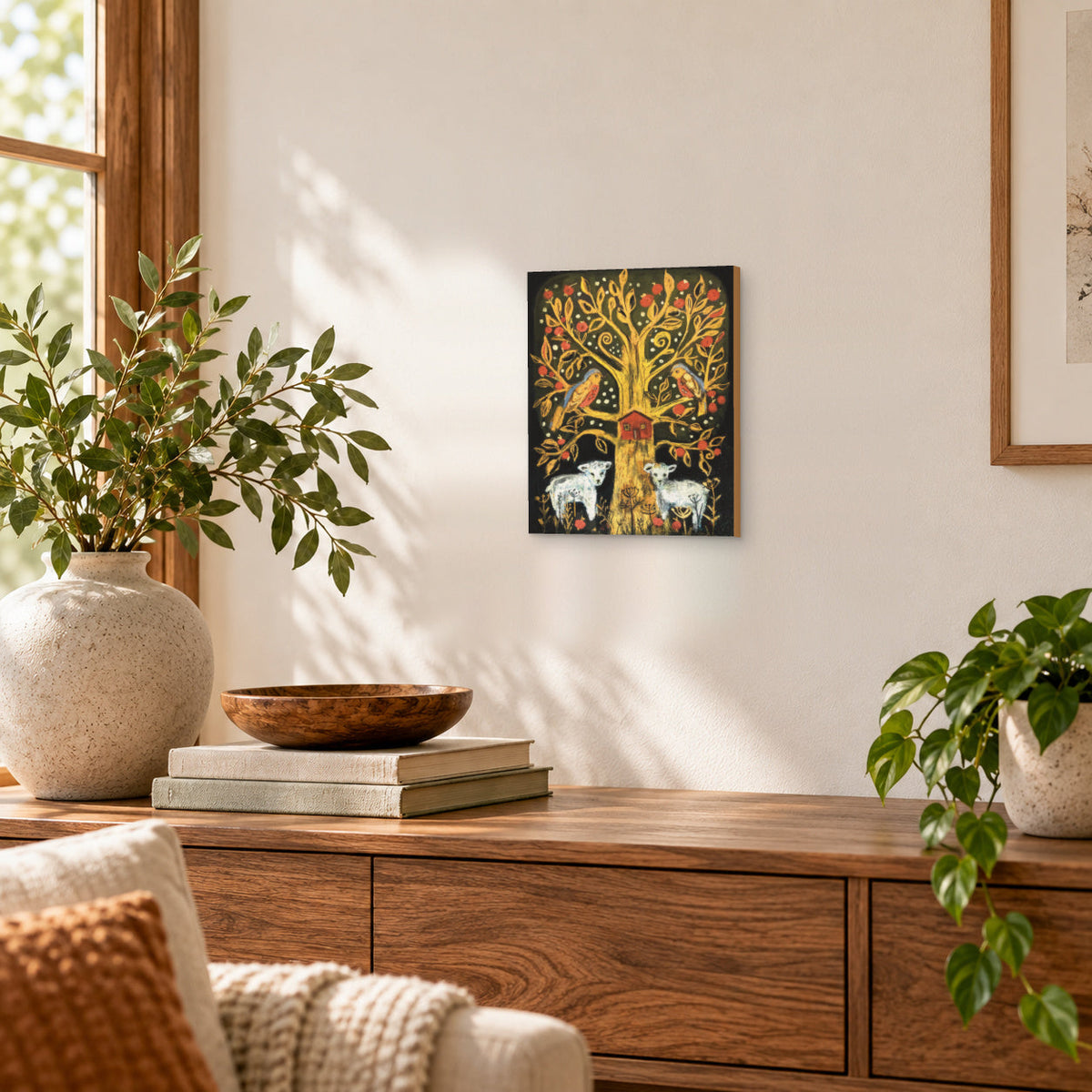Tree of Life: Apple Tree and Lambs Soft Pastel Art Print on Board