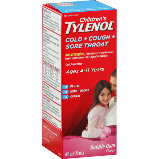 Tylenol Cold + Cough + Sore Throat, Ages 4-11 Years, Bubble Gum Flavor 4 Fl Oz