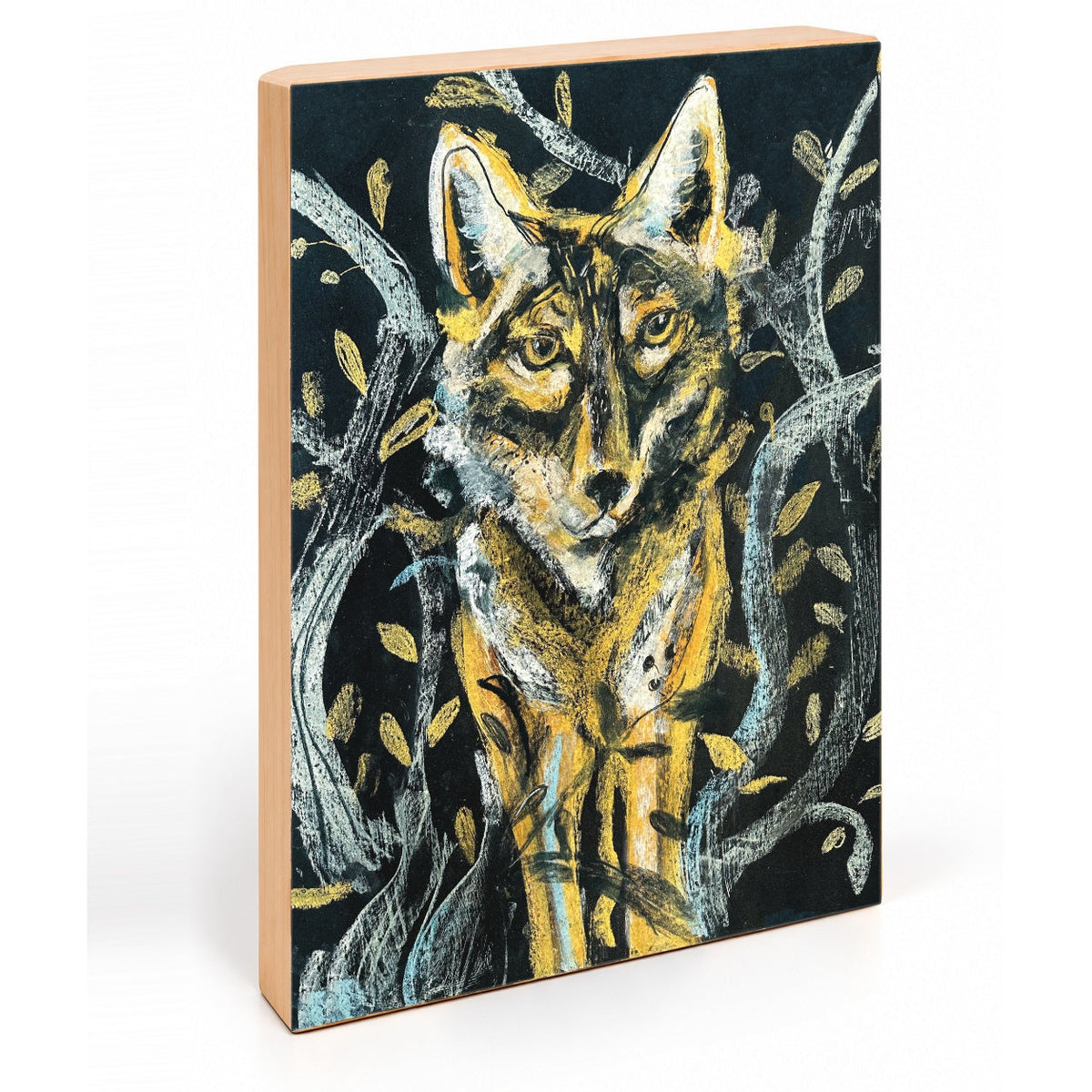 Coyote in the Woods: Moonlit Folk Art Print on Board, Wildlife Wall Art