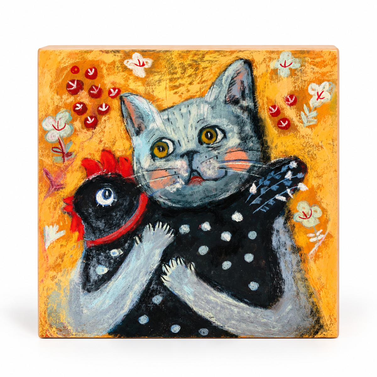 Echoes of Innocence: Cat Hugging a Chicken, Whimsical Pastel Art Print on Board