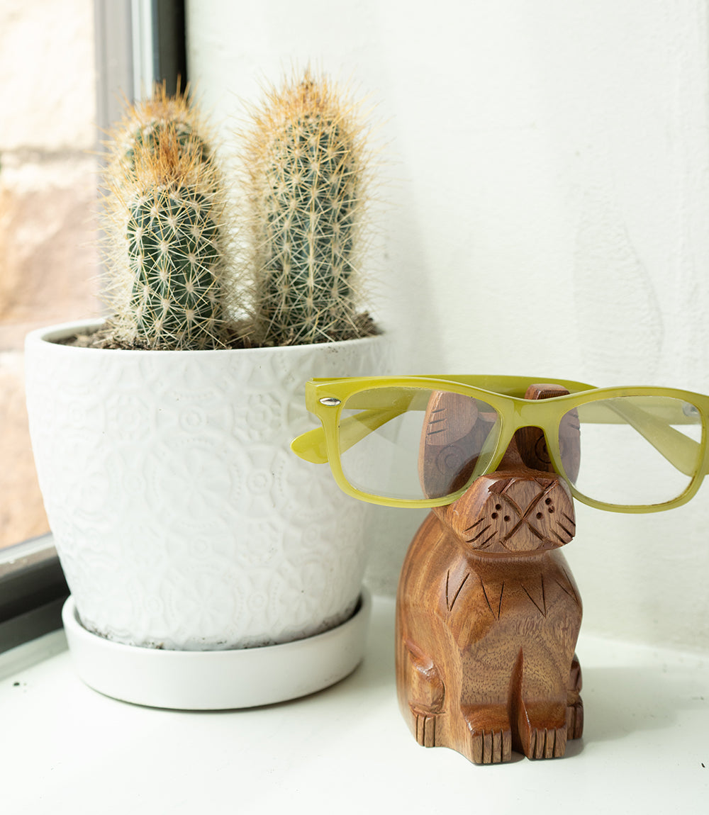 Dog Eyeglass Holder Stand - Hand Carved Wood - Osadia Concept Store