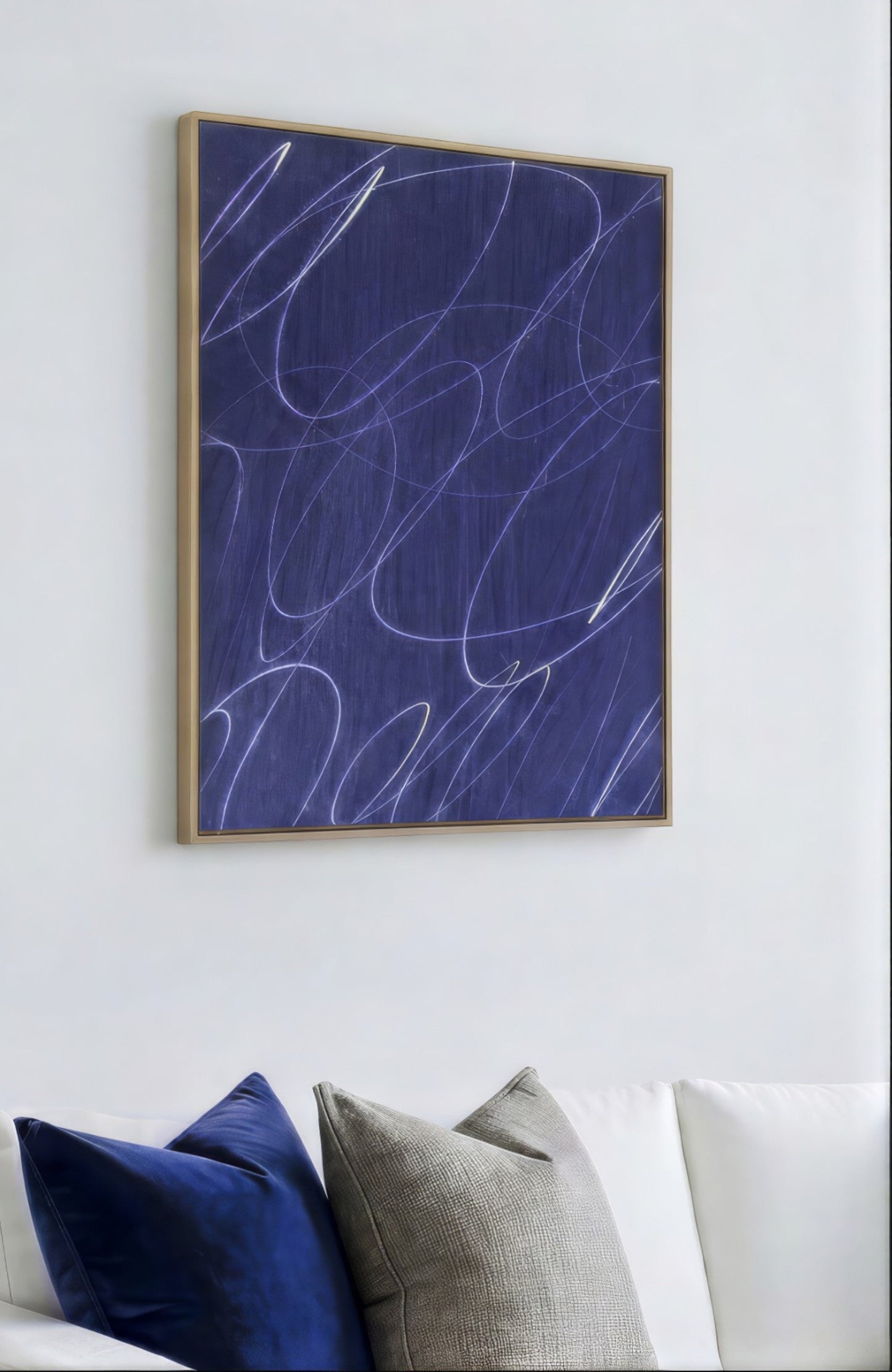 Gestural Marks in Deep Ocean Framed Canvas Wall Art