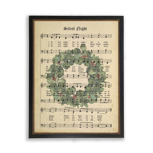 Silent Night Sheet Music With Wreath in Black and Gold Beaded Frame