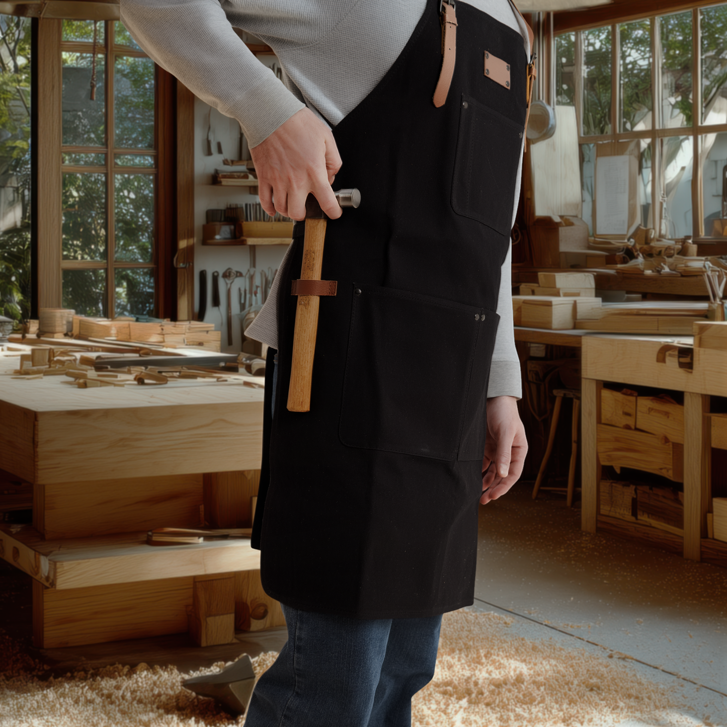 Waxed Canvas Work Apron with Leather Straps & Utility Pockets