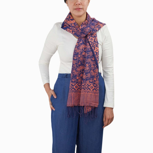 Hand Dyed Batik Scarf, Soft Cotton, Mangosteen, Blue, Pink, Fruit, Floral - Osadia Concept Store