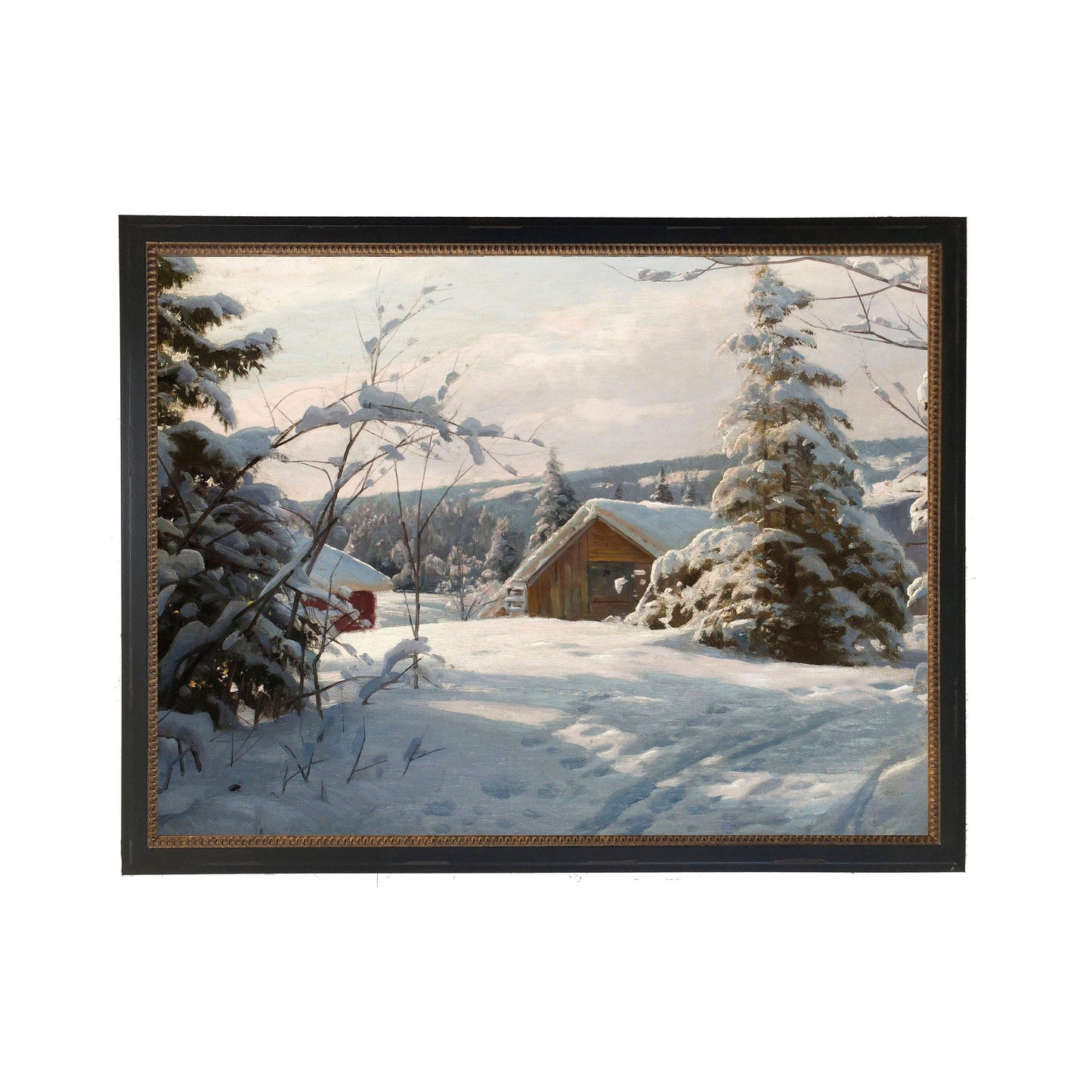 Vintage Oil Reproduction of a Snowy Cabin in the Woods