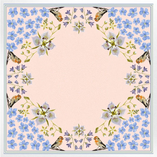 100% Silk Scarf: Pink Gentian - Wildflower Bird Design