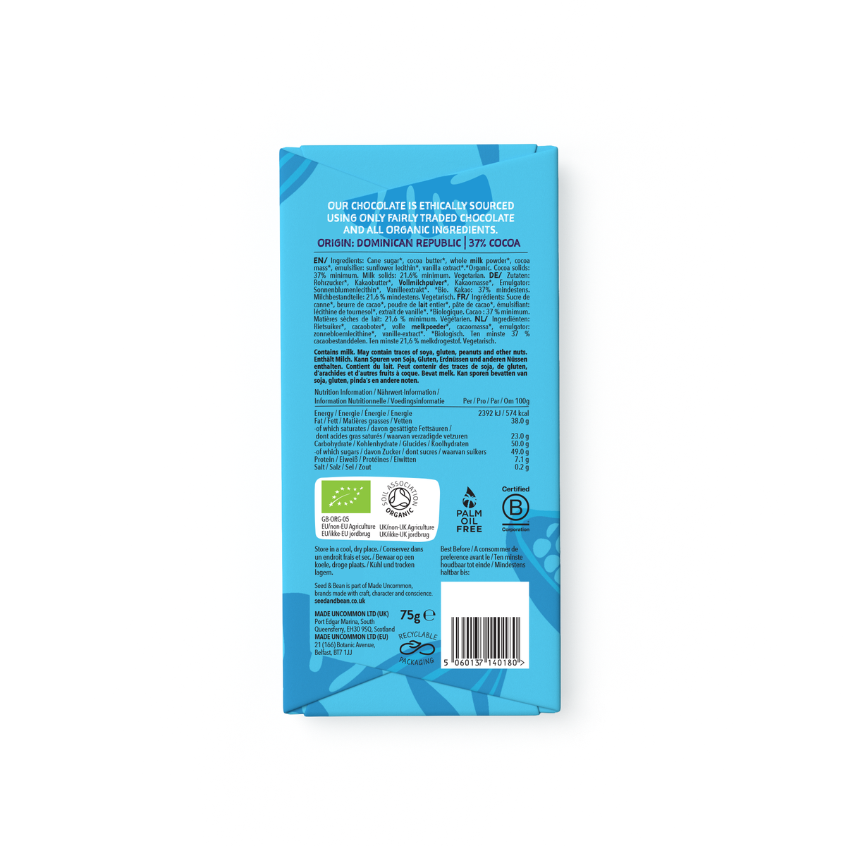 Rich Milk Chocolate Bar - 75g - Organic, 37% Cocoa