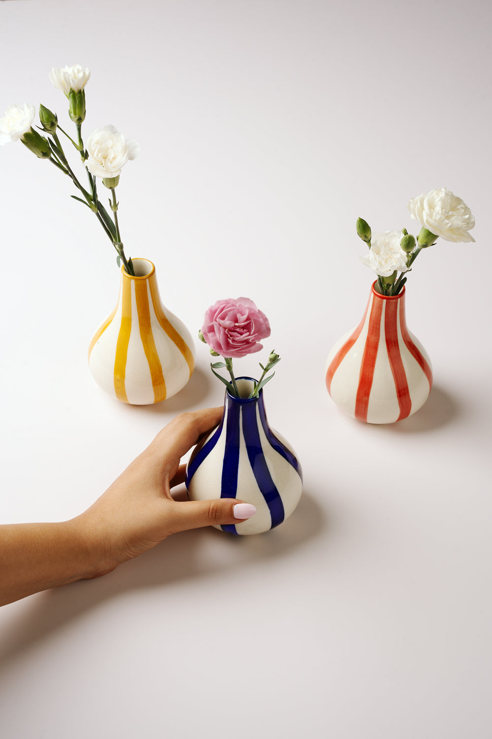 Ceramic Stripe  bud vase, Yellow-  3.5 x 3.5 x 4.75 Inches ( Set of 4 )