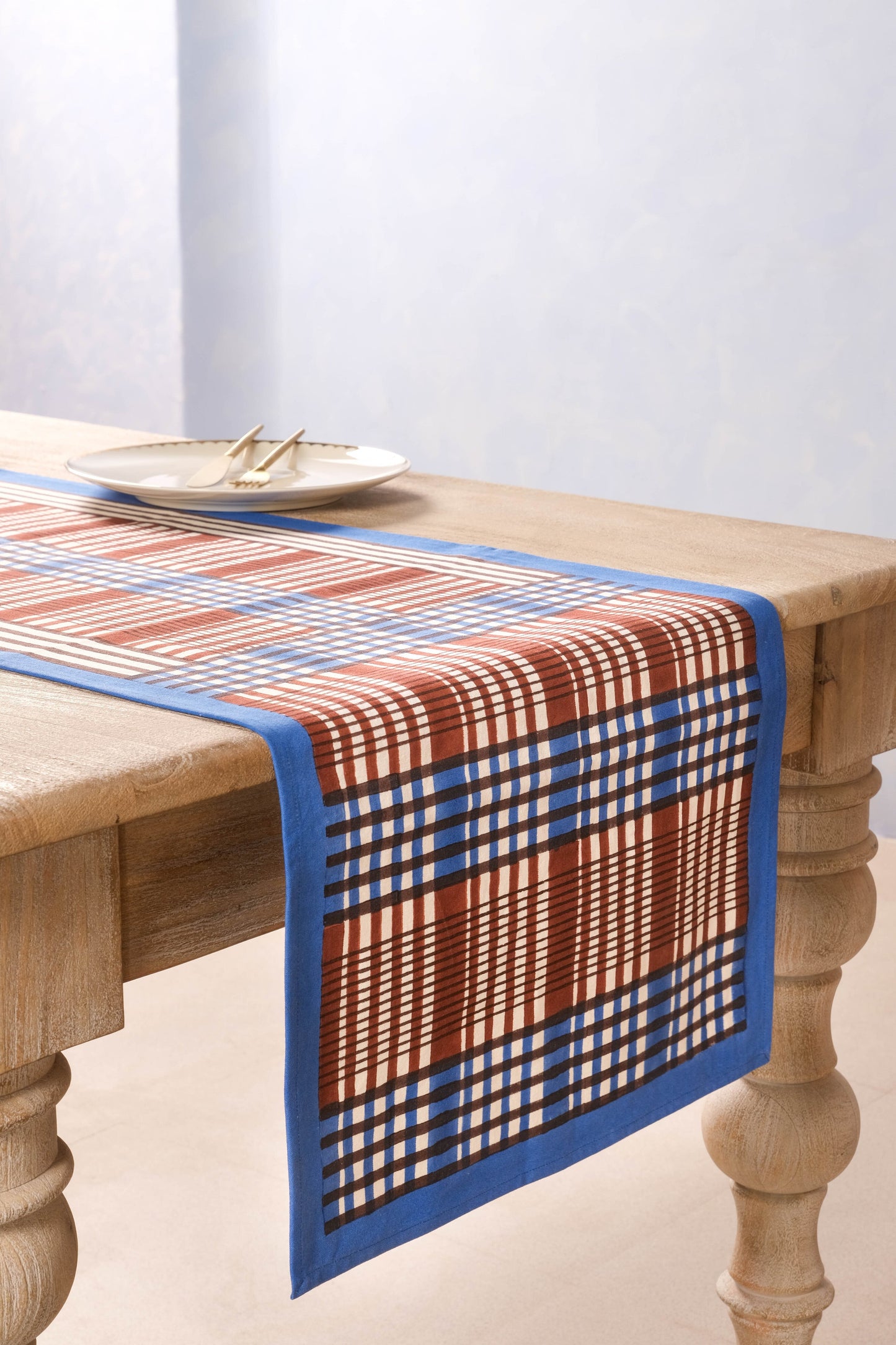 Shetland Plaid Blockprint Tablerunner in Brown and Blue