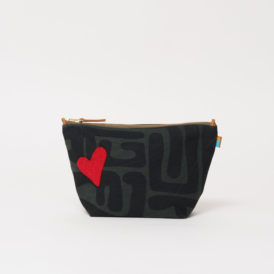 XLarge Convertible Pouch - Safari Kuba with Beaded Red Heart with Short Leather Strap