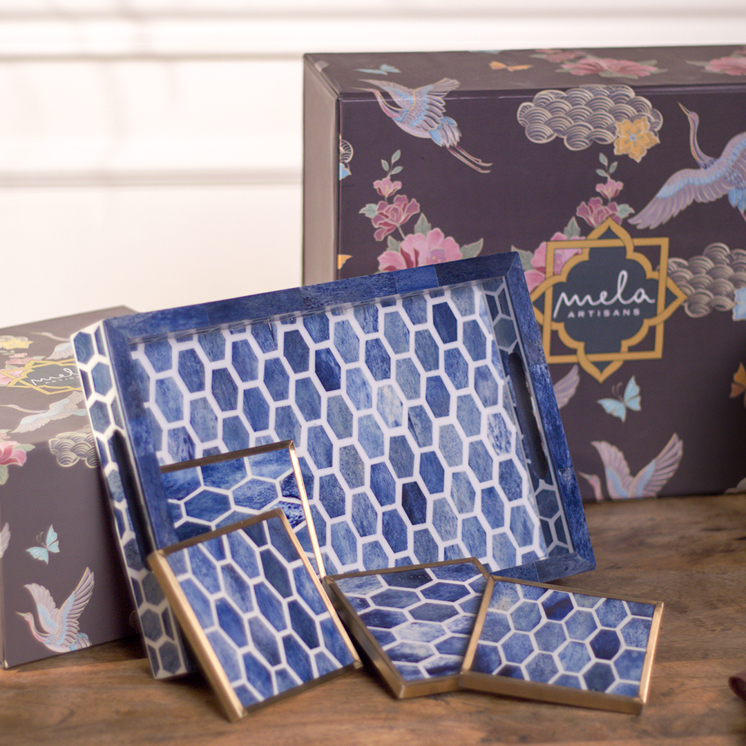 Gramercy Bone Inlay Tray & Coasters Gift Box Set