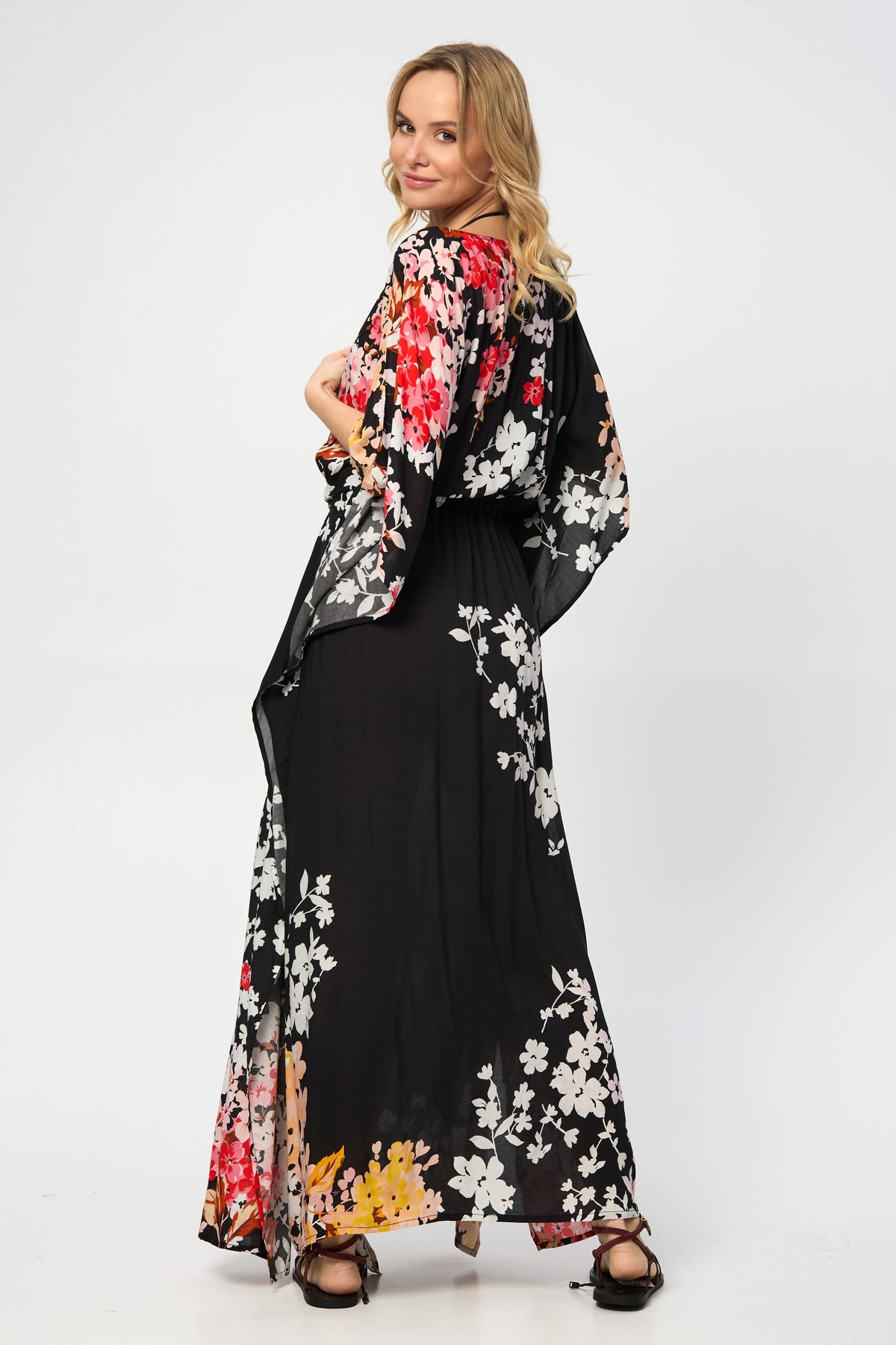 Multicolored Fiore Tie Waist Keyhole Kaftan