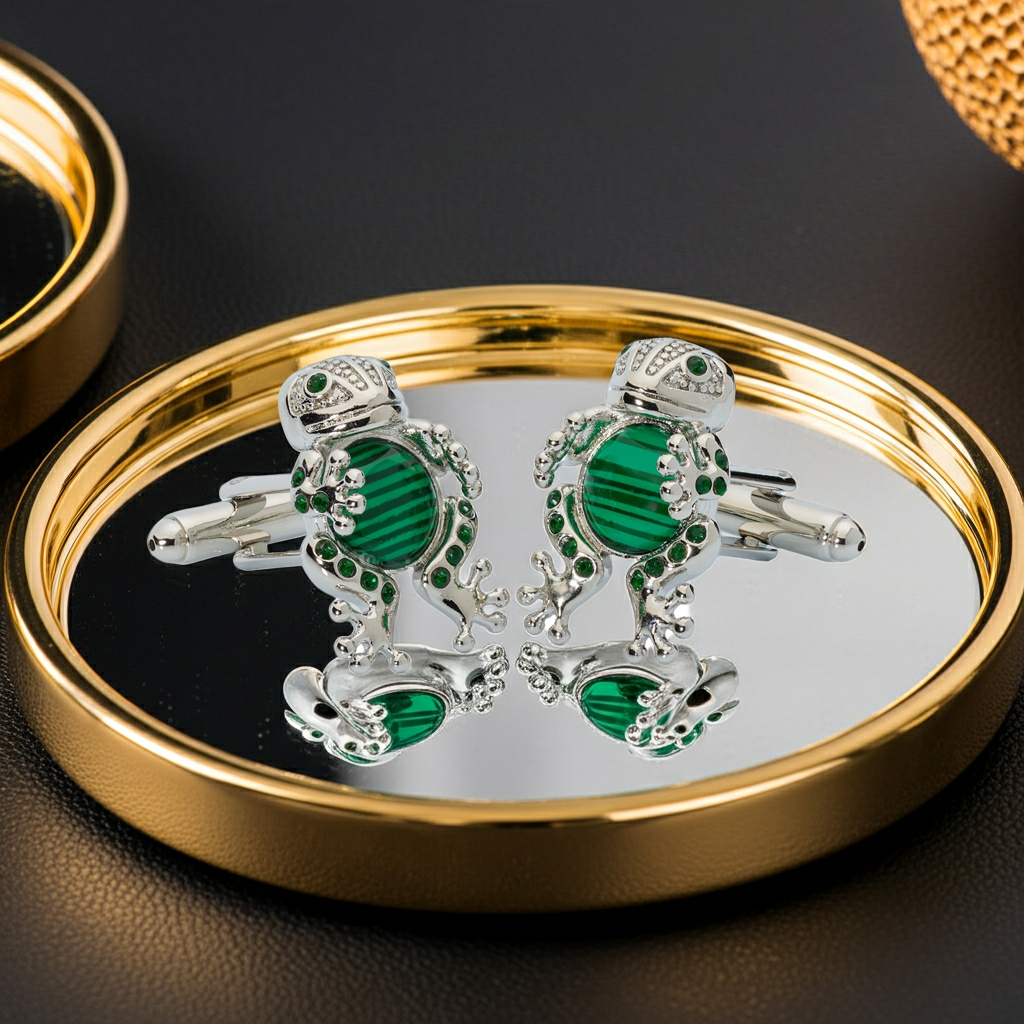 Emerald Frog Prince Crystal Cufflinks – Enamel & Luxury Accents - Osadia Concept Store