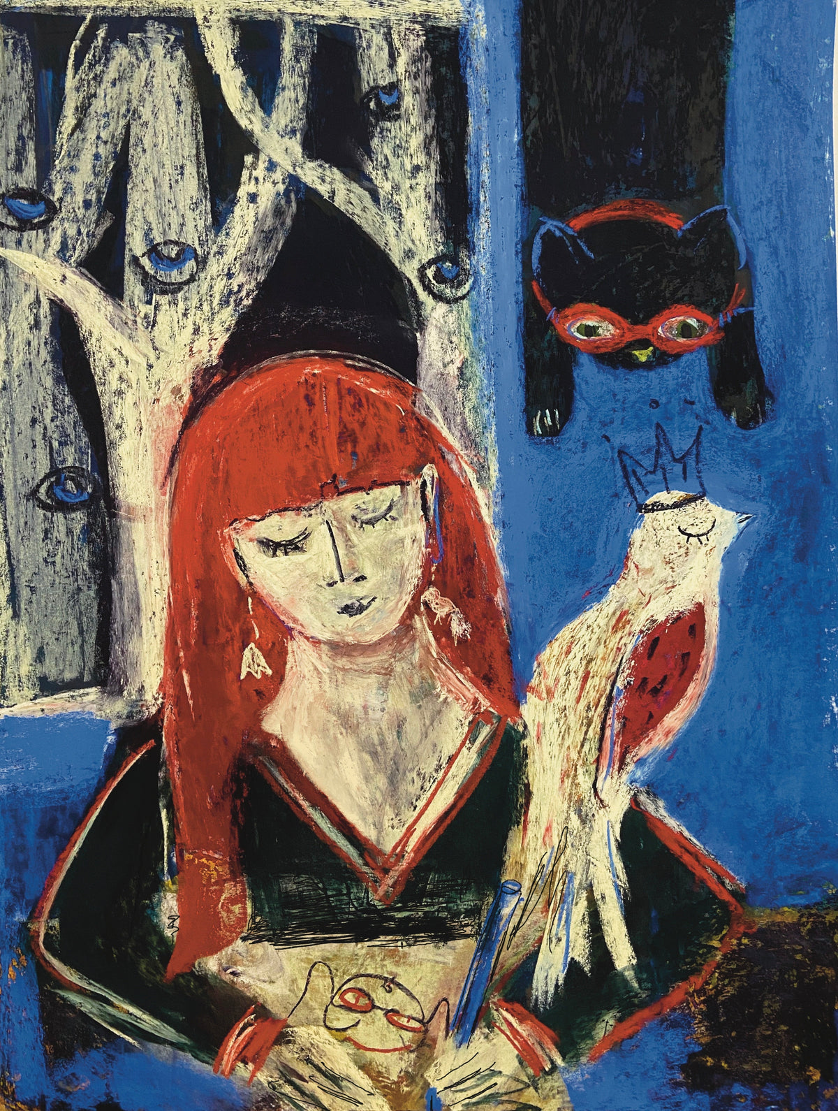 Night Time Art: Red-Haired Girl with a Cat and a Bird, Pastel Art Print on Board