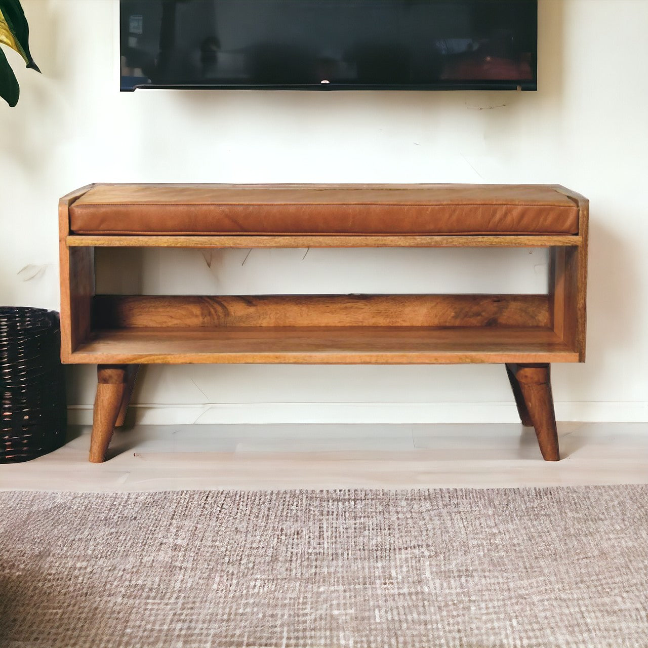 Solid Wood Bench with Leather Upholstered Seat