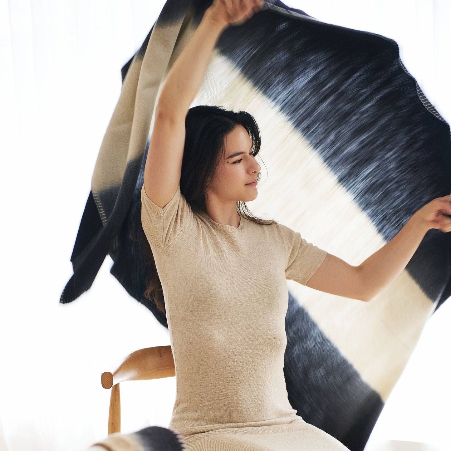 Ink Black White Ombre Textured Throw  In Hand Spun Merino And Hand Stitched Hem