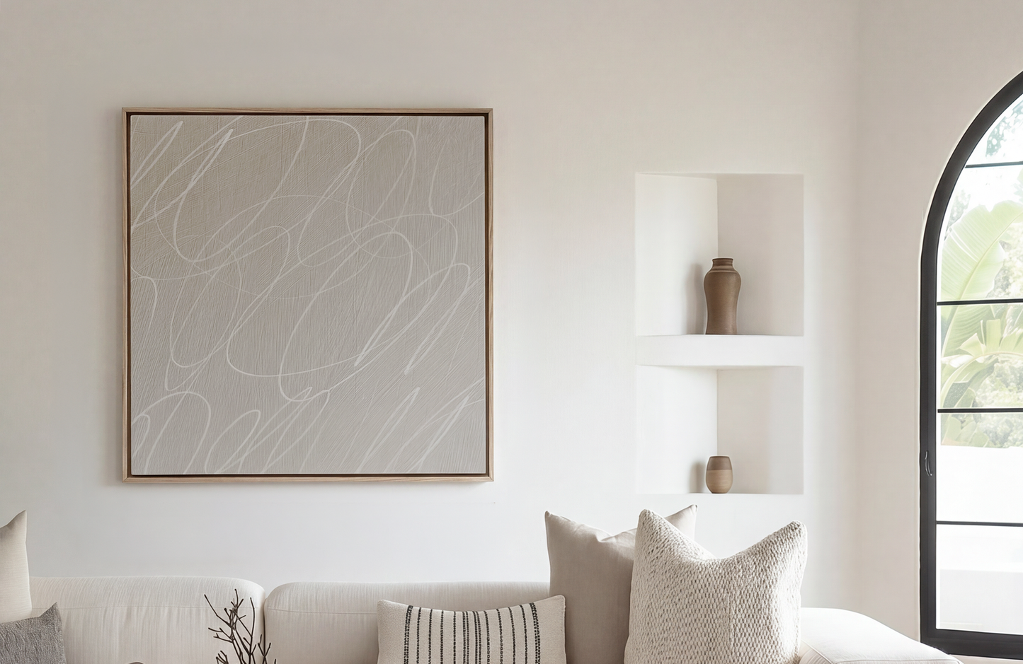 Abstract Marks in Neutral Framed Canvas Wall Art in French Linen