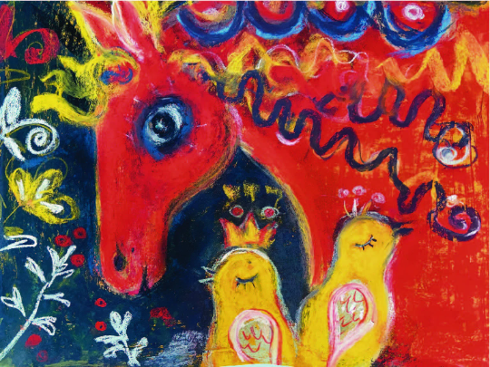 Horse and Birds: Whimsical Folk Art Print on Board, Red and Yellow Nursery Art