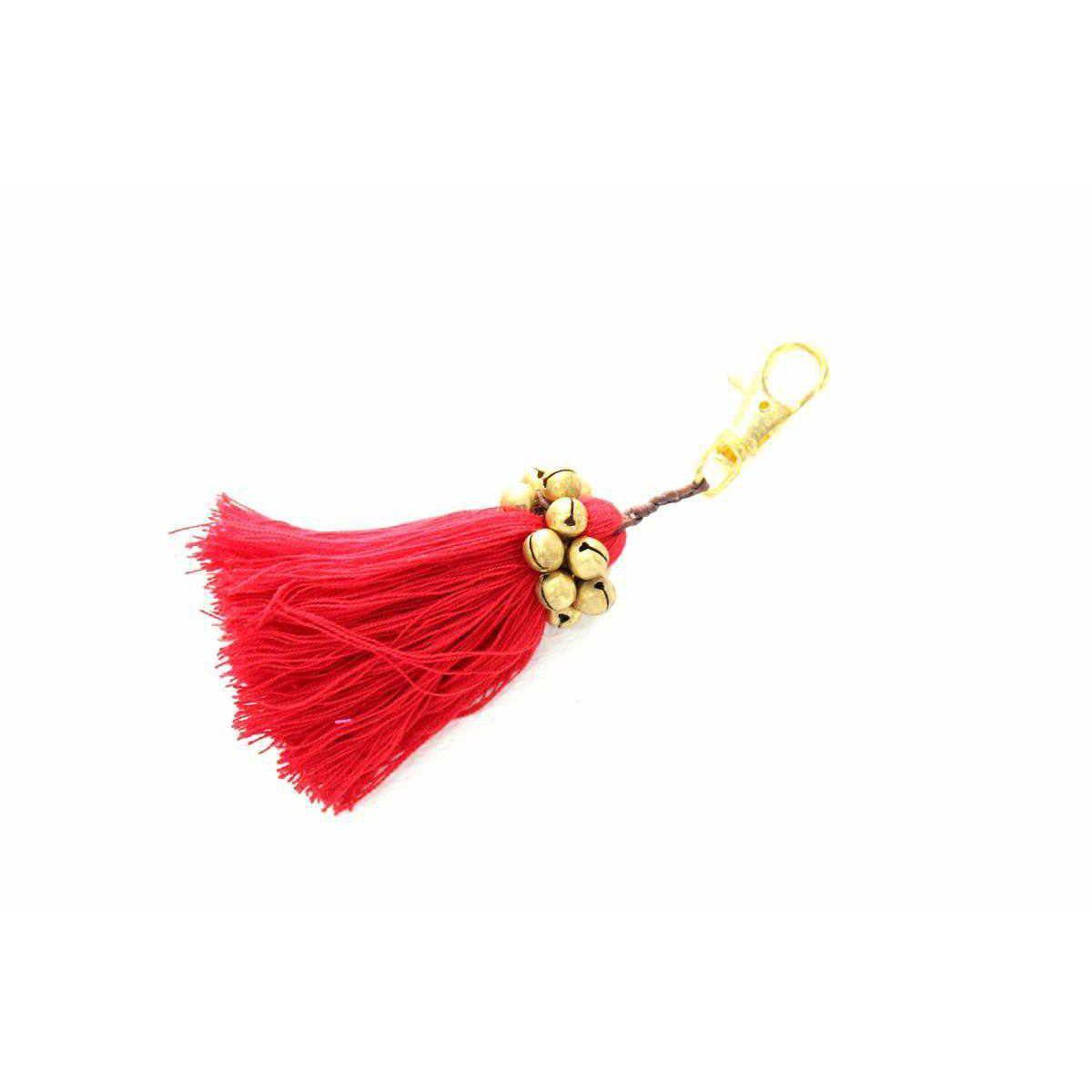 Fair Trade Cotton Tassel Zipper Pull with Bells | Handmade Keychain or Bag Charm from Thailand
